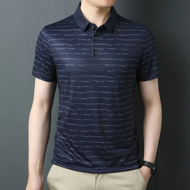 

Summer thin men's short sleeve T-shirt Korean fashion trend STRIPE TOP comfortable loose young and middle-aged Lapel T-shirt