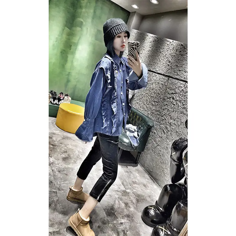 

Vintage Jeans Blouse Shirt Causal Double Ruffle Patchwork Women Tops 2021 Spring New Demin Blusas Camisas Mujer