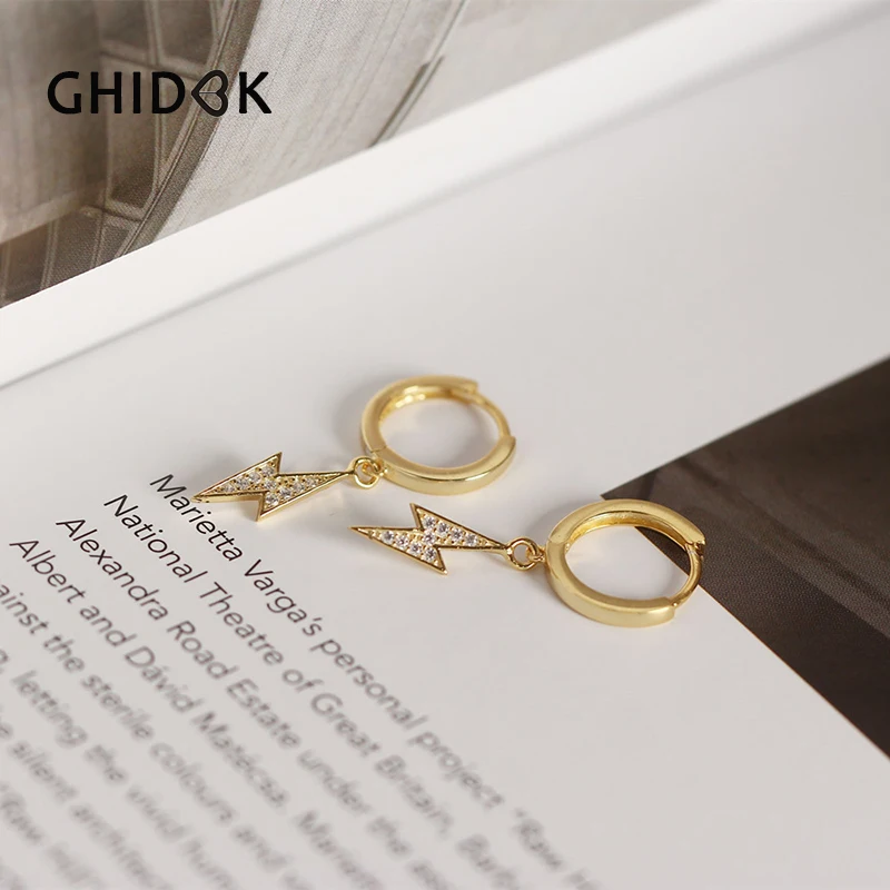 GHIDBK Ins Little S925 Серебряные кубические циркония очаровательные серьги-кольца Мини молния болт CZ серьги Изящные Huggie серьги женские Aros