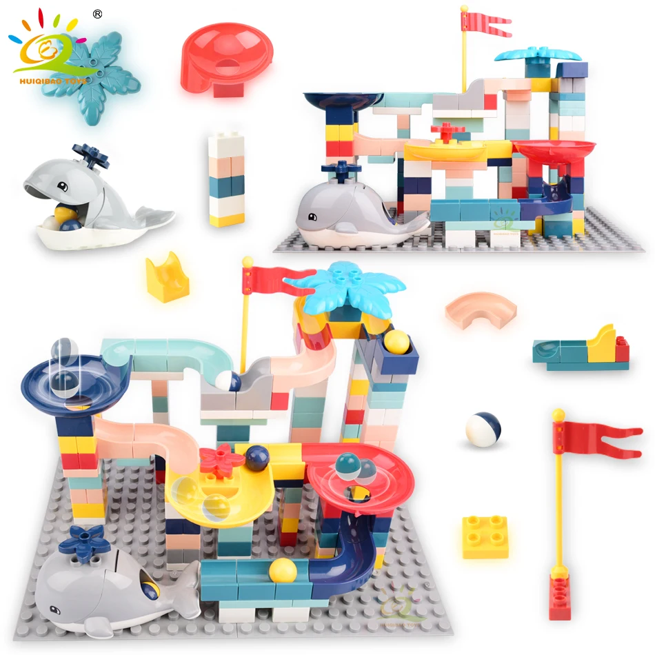 

HUIQIBAO 161Pcs Big Size DIY Track Slide Building Blocks City Marble Run Race Baseplate Funnel Bricks Baby Toys For Children
