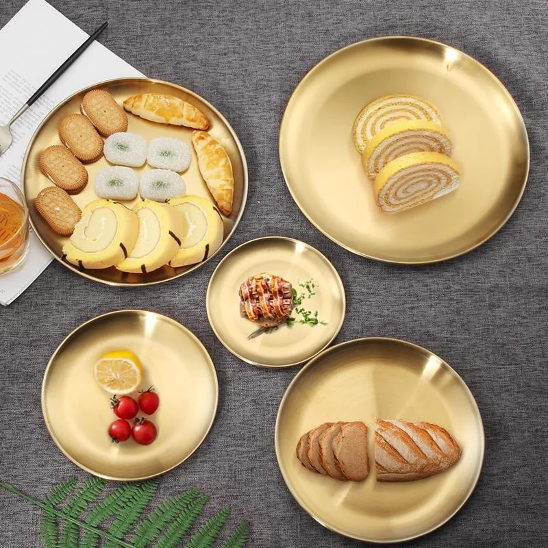 

Stainless Steel Dinner Plates European Style Dessert Cake Snack Plate Serving Dishes Round Tray Kitchen Plates