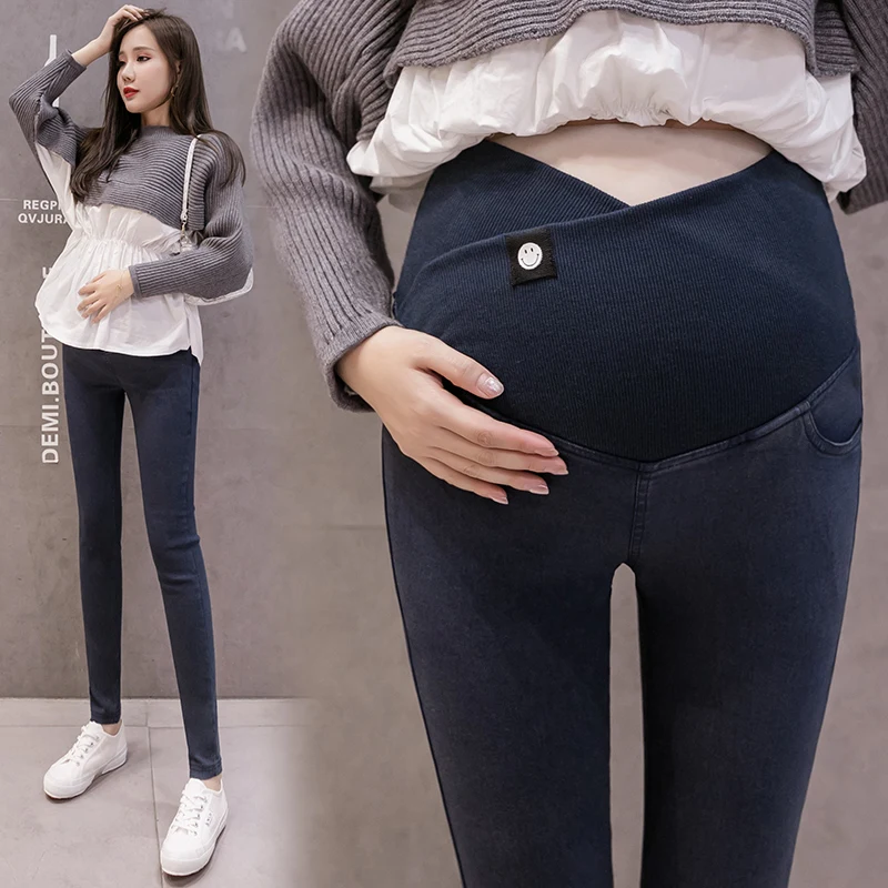 Cotton Leggings For Pregnant Women Elastic Middle Waist Blue Pants Pregnancy Sports Clothes Maternity Fitness Trousers Skinny
