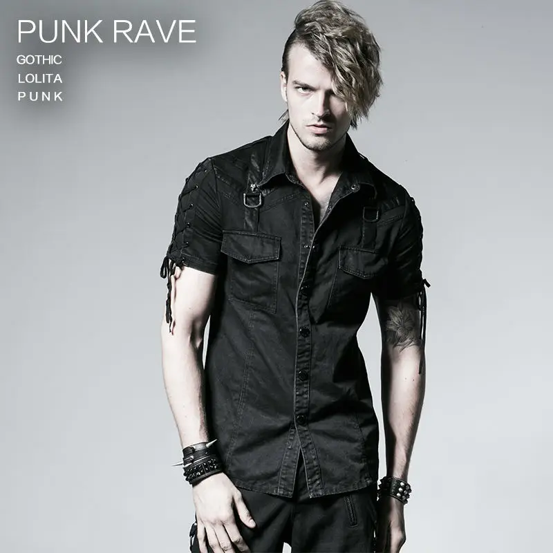 Мужская Повседневная Блузка в стиле панк черная рубашка с коротким рукавом и
