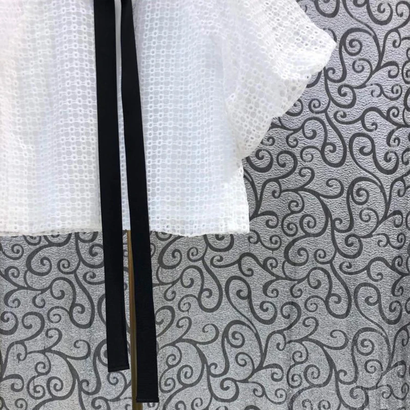 

GALCAUR White Shirt For Women V Neck Short Sleeve Lace Bandage Bow Hollow Out Blouses Female Fashion New Clothes 2021 Summer New