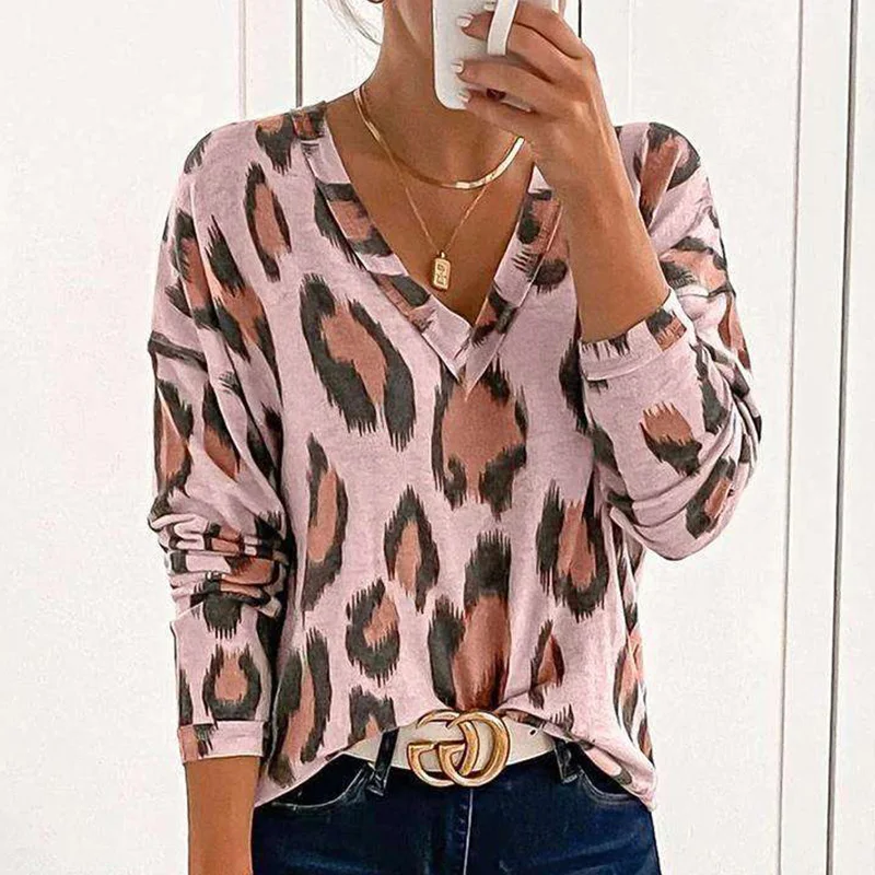 

2020 Fashion Leopard Print V-Neck T-shirts Autumn Women Casual Loose Pullover Tops Elegant Lady Long Sleeve Tee Shirt Streetwear