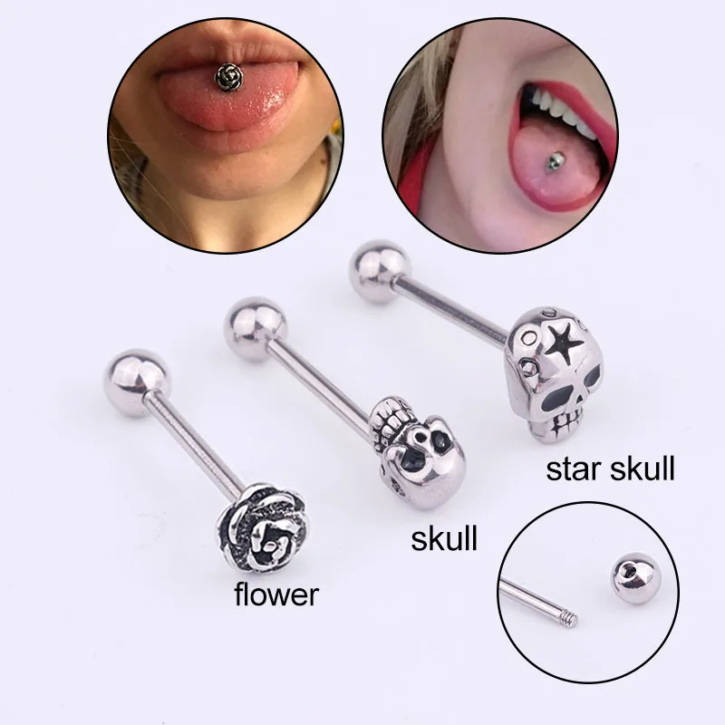 

1PC Stainless Steel Punk Piercing Ring Rose Skull Shape Tongue Ring Unisex Earring Stud Tongue Studs Barbell Pircing Jewelry