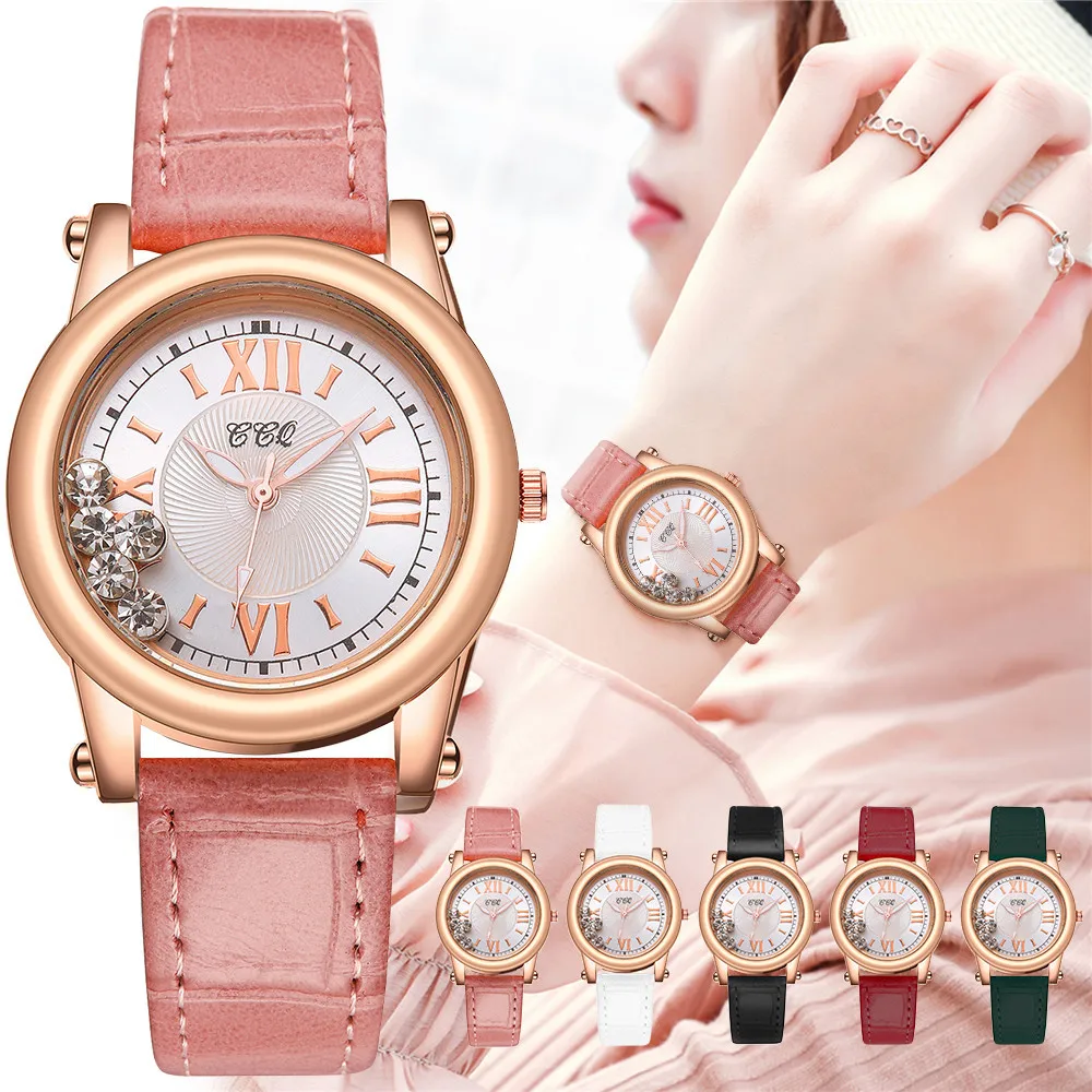 

Business Womens Wrist Watch Pink Leather Strap Rolling Diamond Roman Digital Dial Ladies Quartz Watch Women Digital Wristwatches