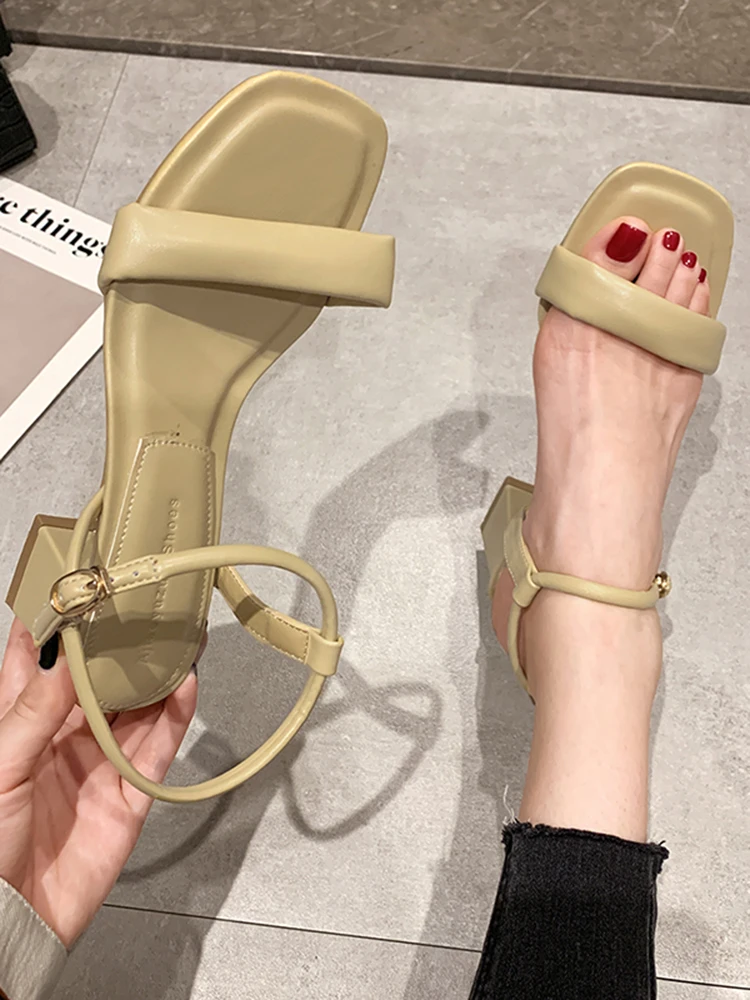 

Buckle Strap Beige Heeled Sandals 2021 Summer Female Shoe Black Girls High Fashion New Comfort Block PU Square heel Rome Solid S