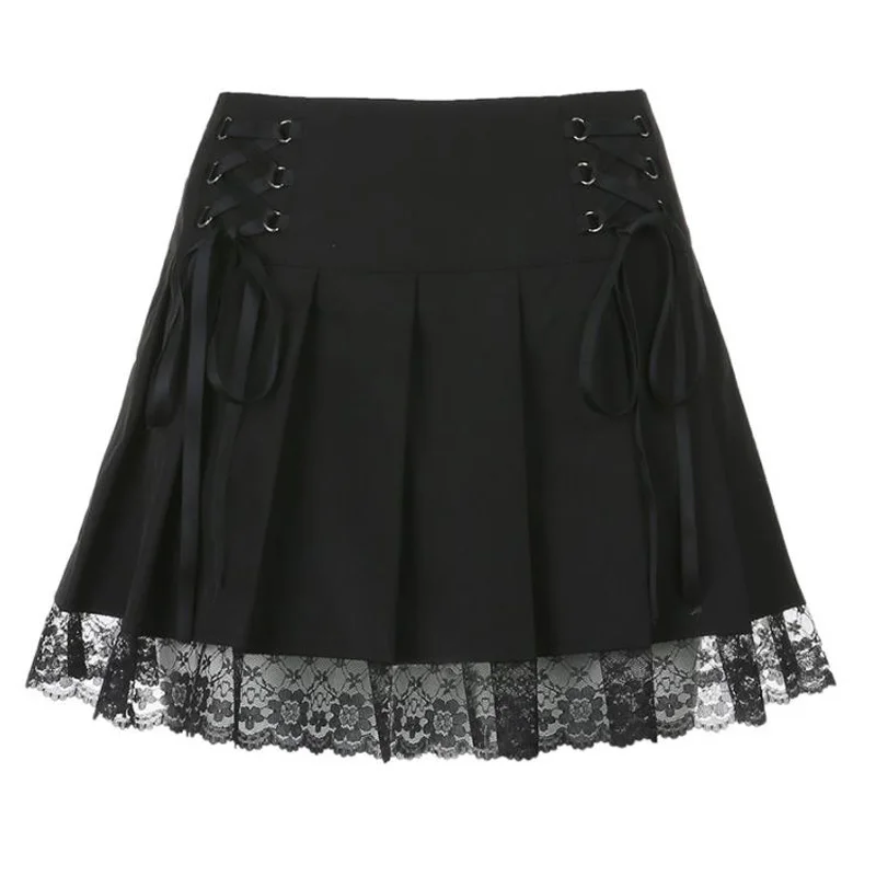 Женская кружевная мини-юбка в готическом стиле черная плиссированная юбка с