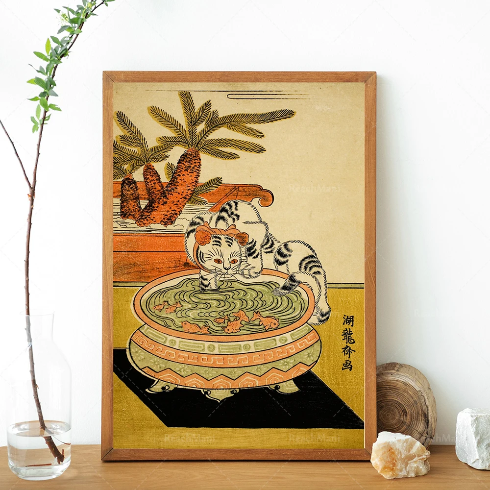 Японский художественный постер настенное искусство укиё-э кошачья лапа Золотая