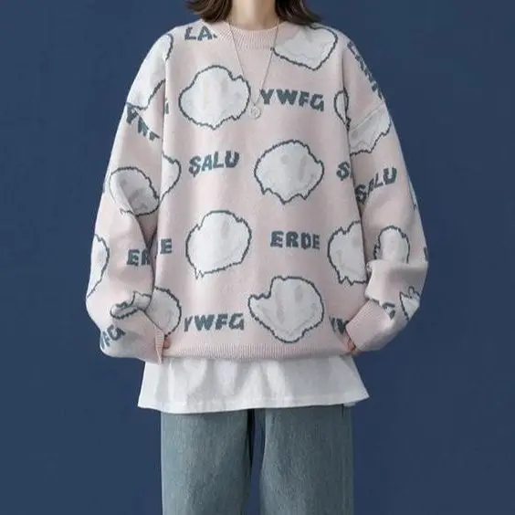 

Зимний корейский Свободный пуловер в стиле Харадзюку С мультяшным принтом, Осенний трендовый вязаный пуловер с надписью, милый кавайный св...