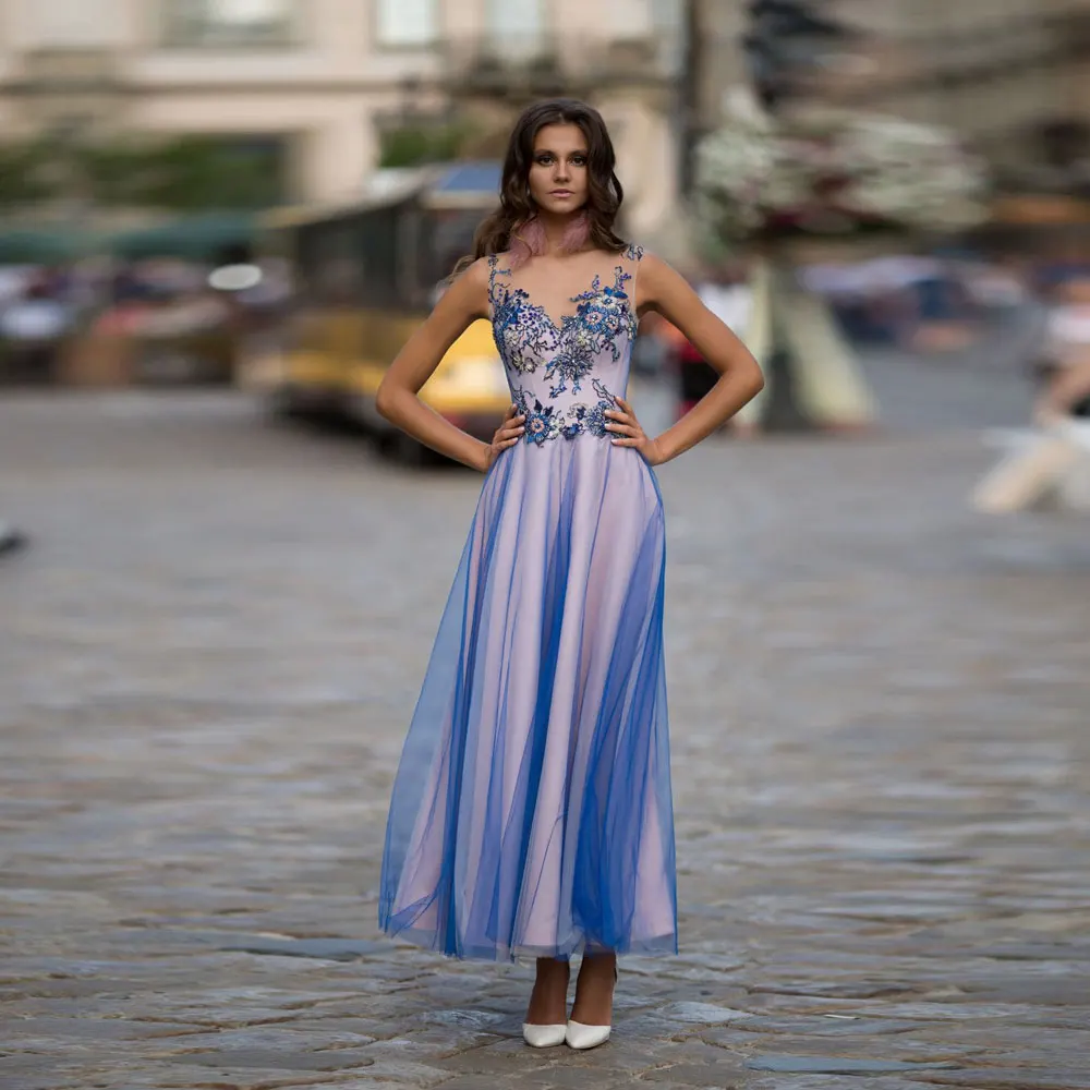 

Fashion high quality A-line Evening Dresses Net/Tulle Jewel Sweep/Brush Floor length Applique Flower Banbage Blue Flower