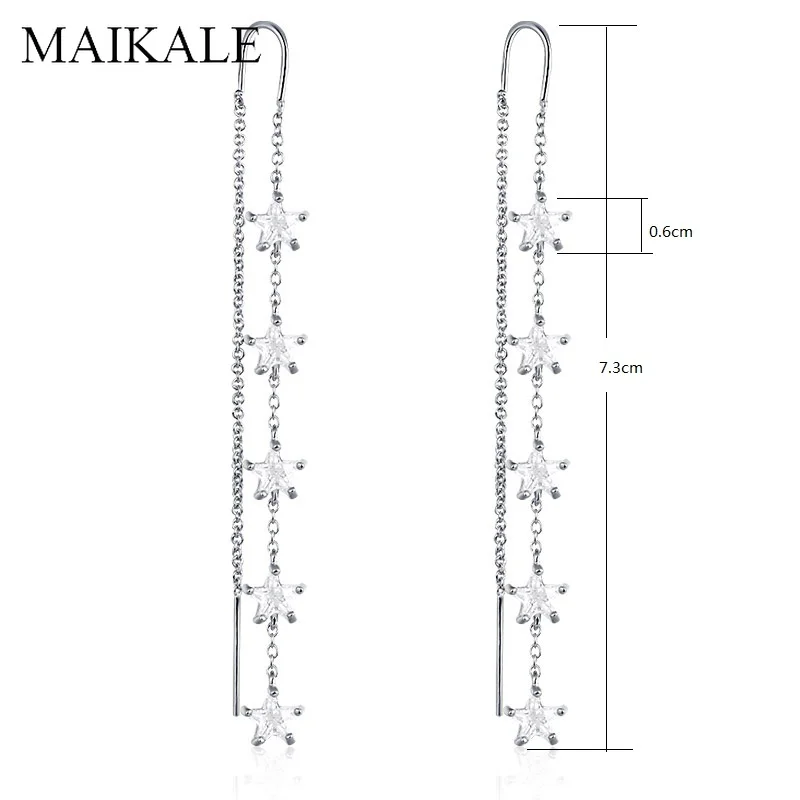 MAIKALE, новинка, модные длинные женские серьги с пентаграммой, звездой, цирконием, золотого и серебряного цвета, серьги-цепочки с кисточками, корейские ювелирные изделия, подарки