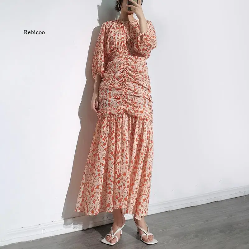 

Платье-Макси женское Плиссированное с цветочным принтом, круглым вырезом и полурукавами