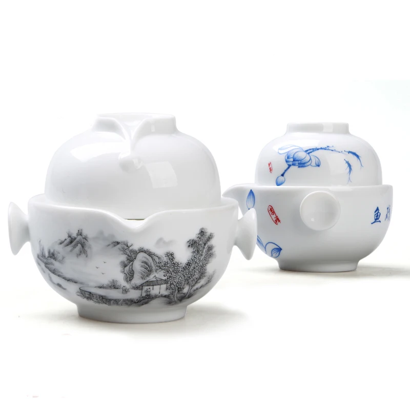 

[GRANDNESS] Quik Cup of Blue and White Porcelain Pot,Tea Set Include 1 Pot 1 Cup, High Quality Elegant Gaiwan