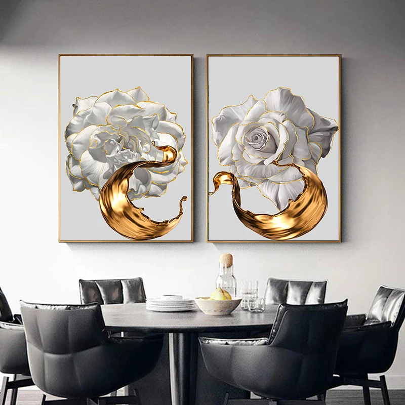 

Canvas Painting White Rose Flower Golden Ink Splash Abstract Poster Nordic Art Plant Modern Wall Decor Picture Living Room Decor