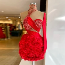 Minivestidos de cóctel de tul con cristales rojos, un hombro con cuentas y flores, Vestido corto Formal de fiesta, vestidos de cóctel transparentes