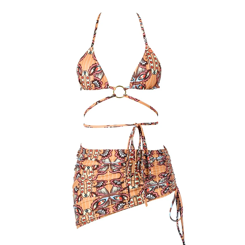 

2021 Sexy 3-Piece Bikinis Suit Halter Swimwear Women Beachwear Wave Point Swimsuit Female Holiday Beach Skirt Black Bikini Set