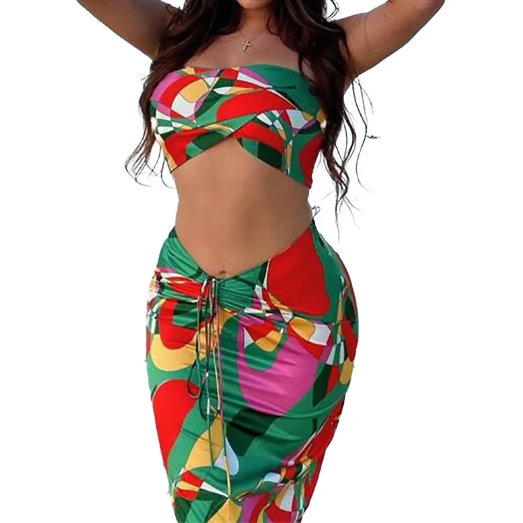 

2021 New Summer,women's Wear,printing,sexy Neck,fashion Multiple Laceup,revealing Shoulder and Navel,two-piece Skirt,party Dress
