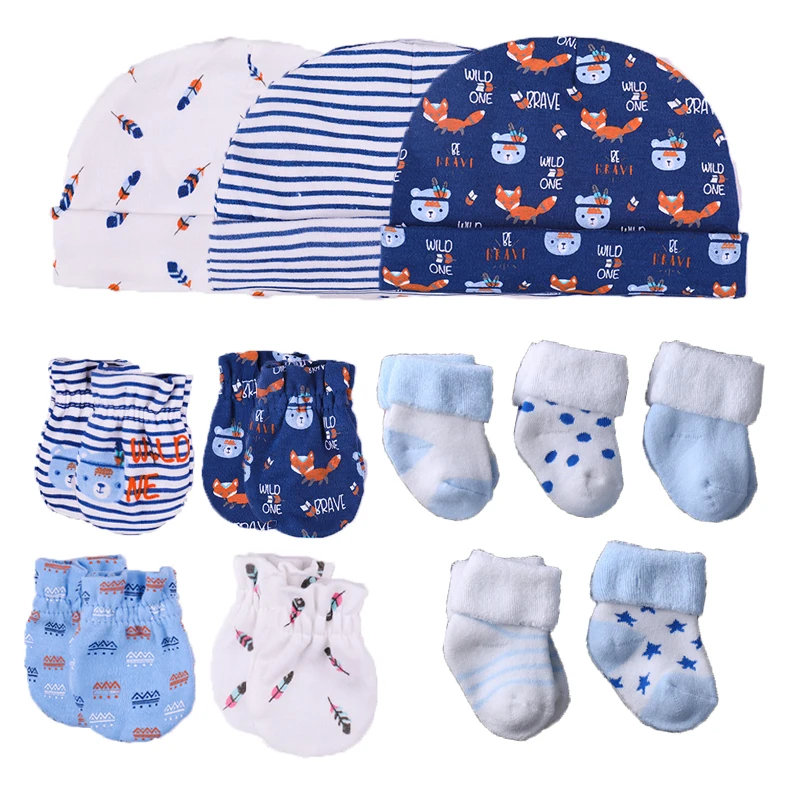 baby accessories Newborn Hat+Gloves+Socks Set For Baby Boy&Girl Cotton Fall Casual Photography Props Soft Headwear Infant Nightcap Winter Fashion shake baby's hand