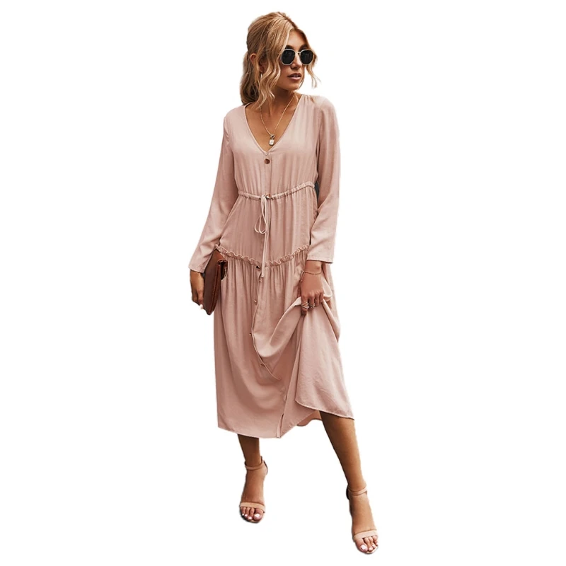 

Women Long Sleeve Sexy V-Neck Buttons Drawstring Waist Ruffles Loose Midi Dress M5TE