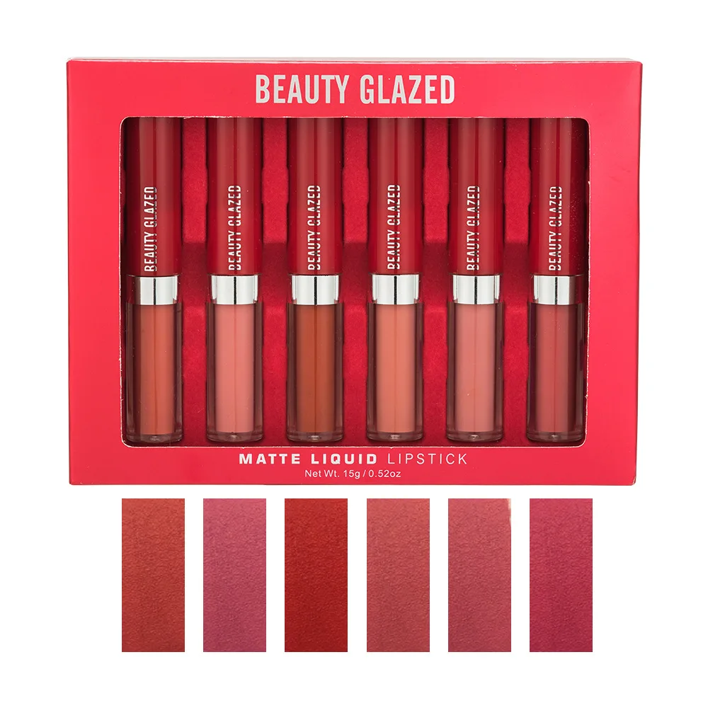 

Beauty Glazed 6Pcs/Set Lip Glaze Set Non-stick Cup Matte Lip Glaze Lip Gloss Wholesale Tubes