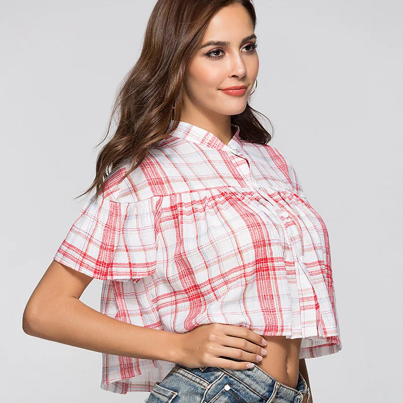 

Modern Pink Plaid Print Crop Top Mujer Single Breasted Short Sleeve Tees Vintage Loose Waist Woman Tshirts Feminina Summer Shirt
