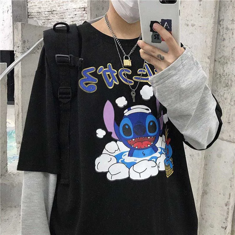 NiceMix Женская Harajuku Винтажная футболка с длинным рукавом Ulzzang лоскутное письмо комический принт свободный Круглый Вырез Эластичный весенний зимний топ F