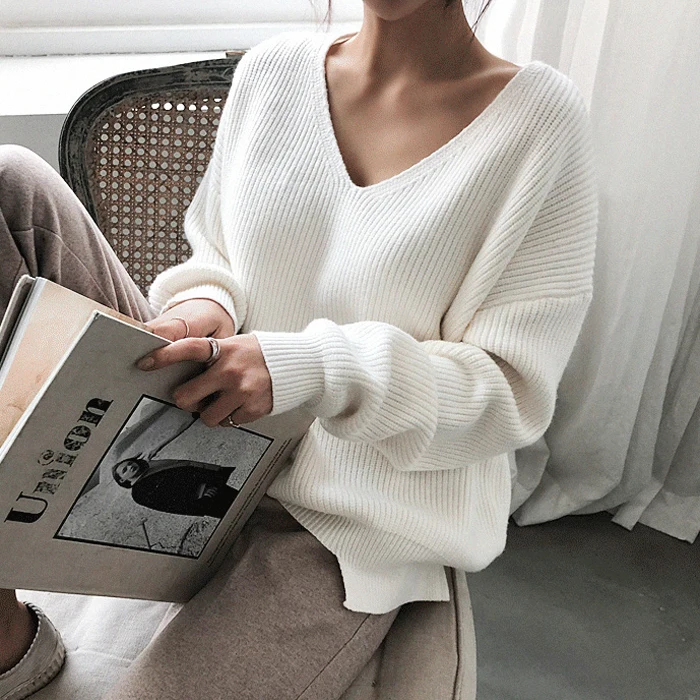

Autumn Winter Basic Knitted Blue White Sweater Women 2020 Fashion Casual V-neck Female Pullovers Korean Lady Jumpers