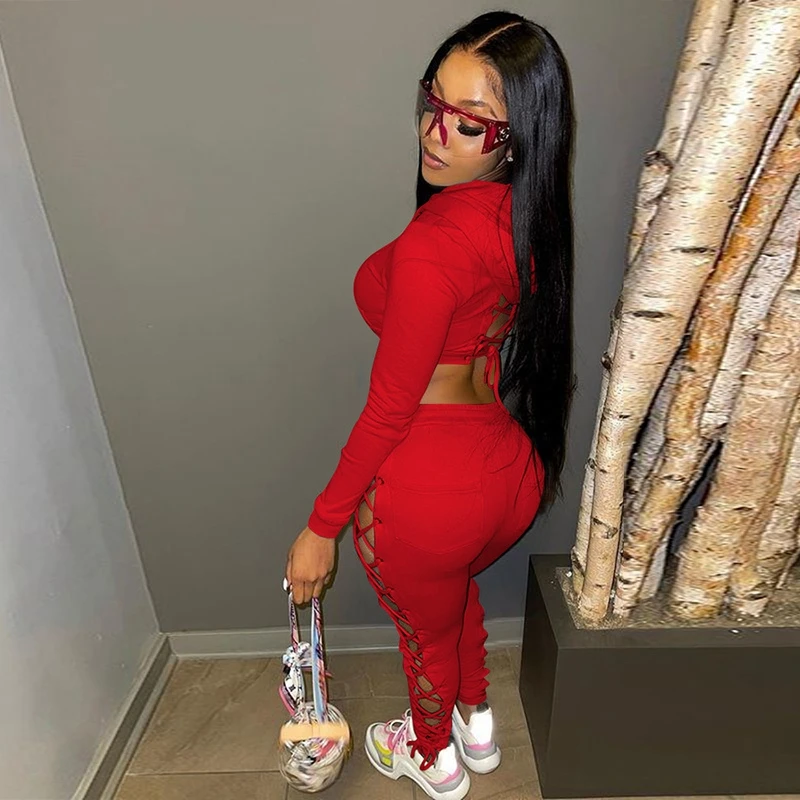 

Sexy 2 Piece Set Back Bandage Hoodies Tops Bodycon Pants Fall Outfits for Women Festival Clothes Night Club Matching Set