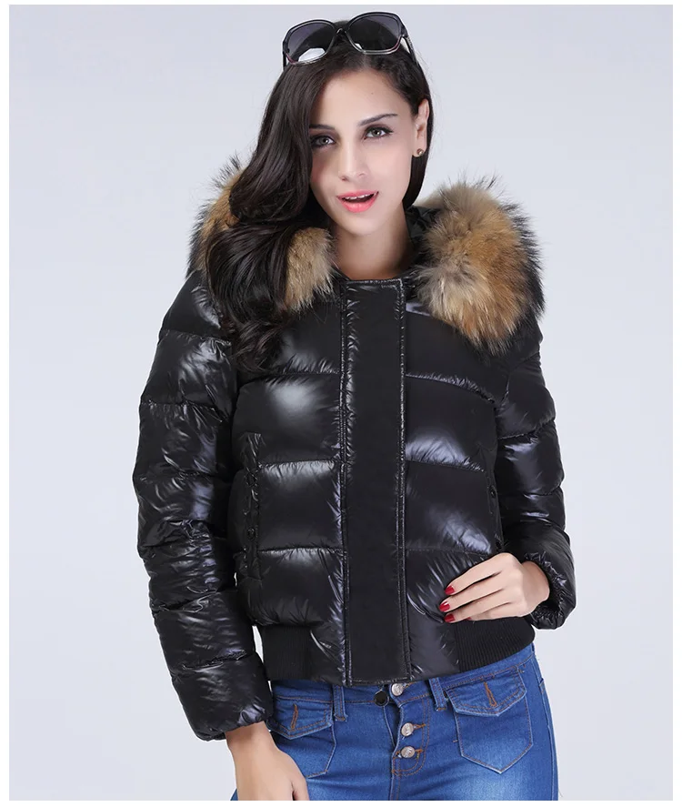 

Large Real Raccoon Fur Hooded Winter Puffer Jacket Women Slim 90% Duck Down Coat Short Shiny Female Feather Down Parka Style Age