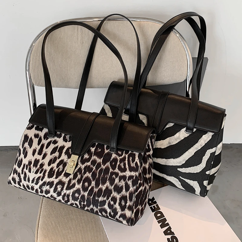 

Vintage Leopard Zebra Print Big Shoulder Bags For Women Wild Design Long Handle PU Ladies Handbags Large Capacity Work Briefcase