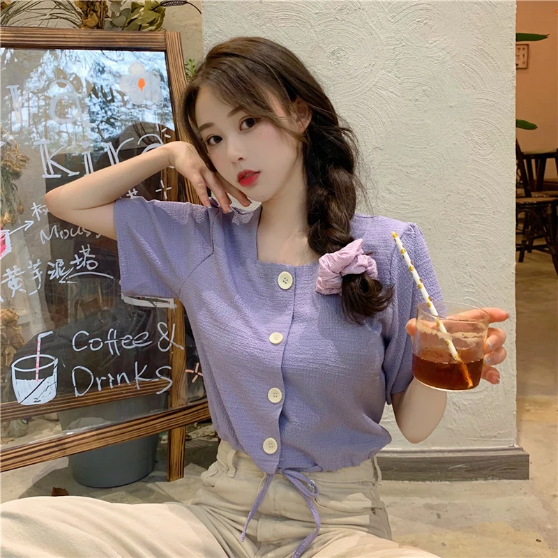 Square Collar Solid Button Line Fashion Solid College Wind Short Sleeve Women Fashion Basic Thin Top Blouses