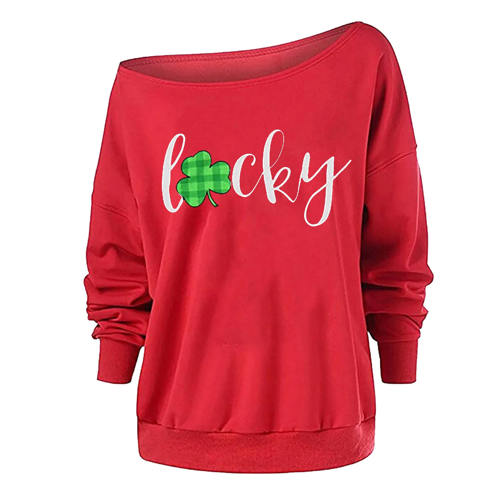 

Clover Leaf Off Shoulder Sweatshirt Shamrock Sweater for St. Patrick's Day Long Sleeve Skew Collar Tee Shirt Tops funny gift J60