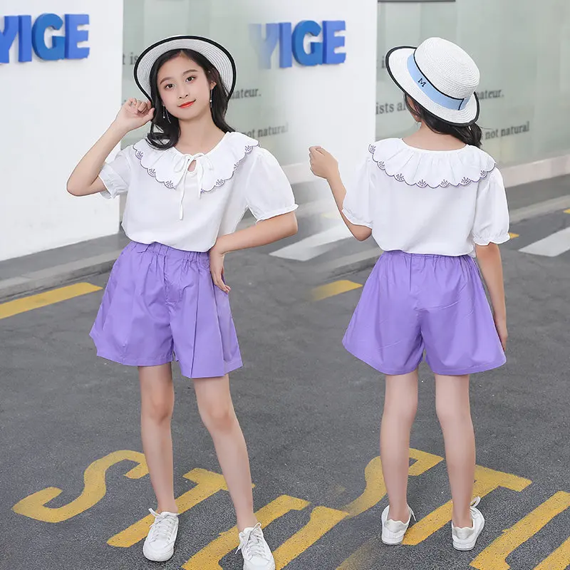Summer Toddler Kids Baby Girls Short Sleeve Solid Color Bow Shirt Top+Purple Shorts Outfits Fashion Teens Clothes Tracksuit 2PCS | Детская