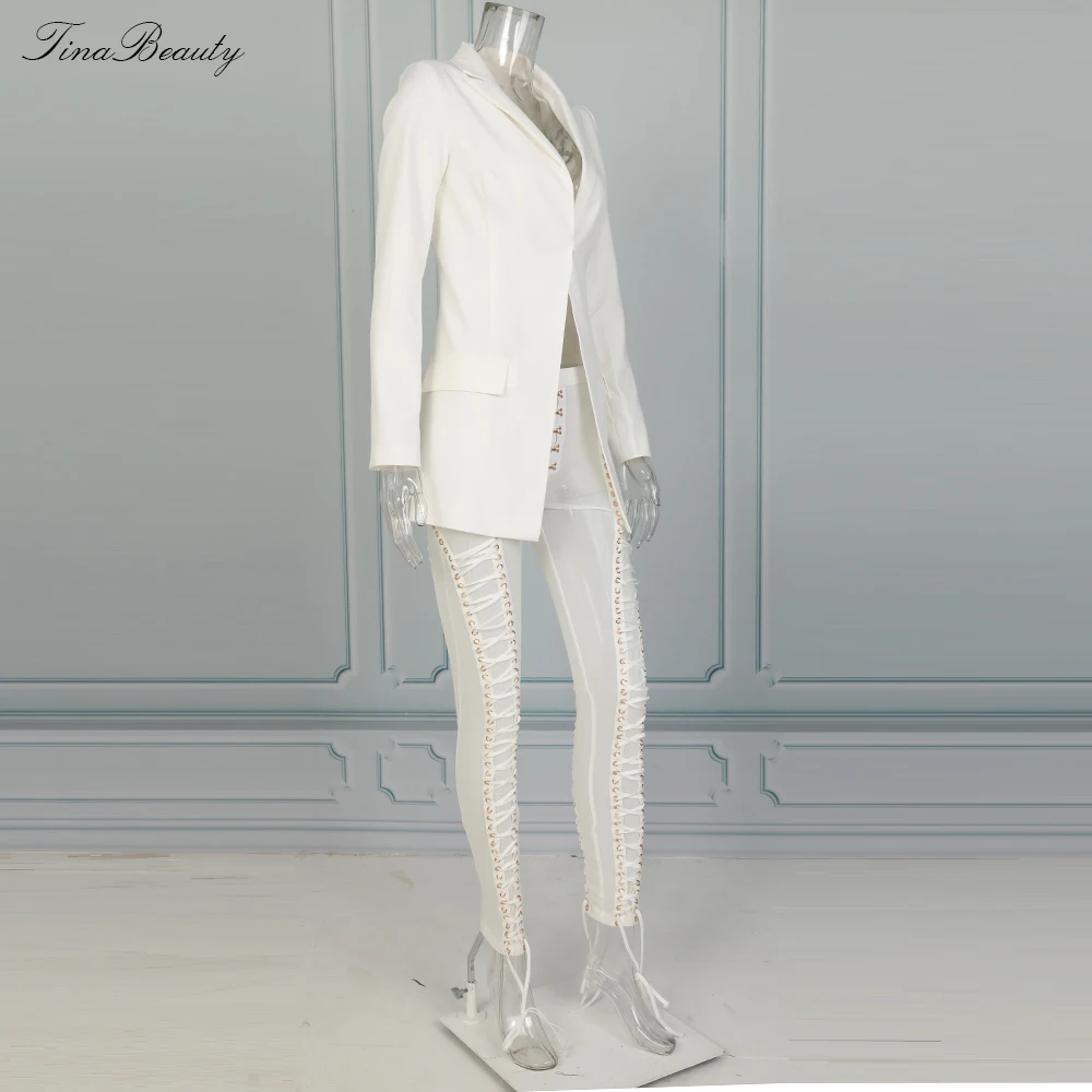 Tina beauty Cardi B комплект из 2 предметов, штаны, блейзер с открытой спиной, длина до колена, с кисточками, v-образный вырез, сексуальный сетчатый, с длинным рукавом, на шнуровке, украшенный пряжкой