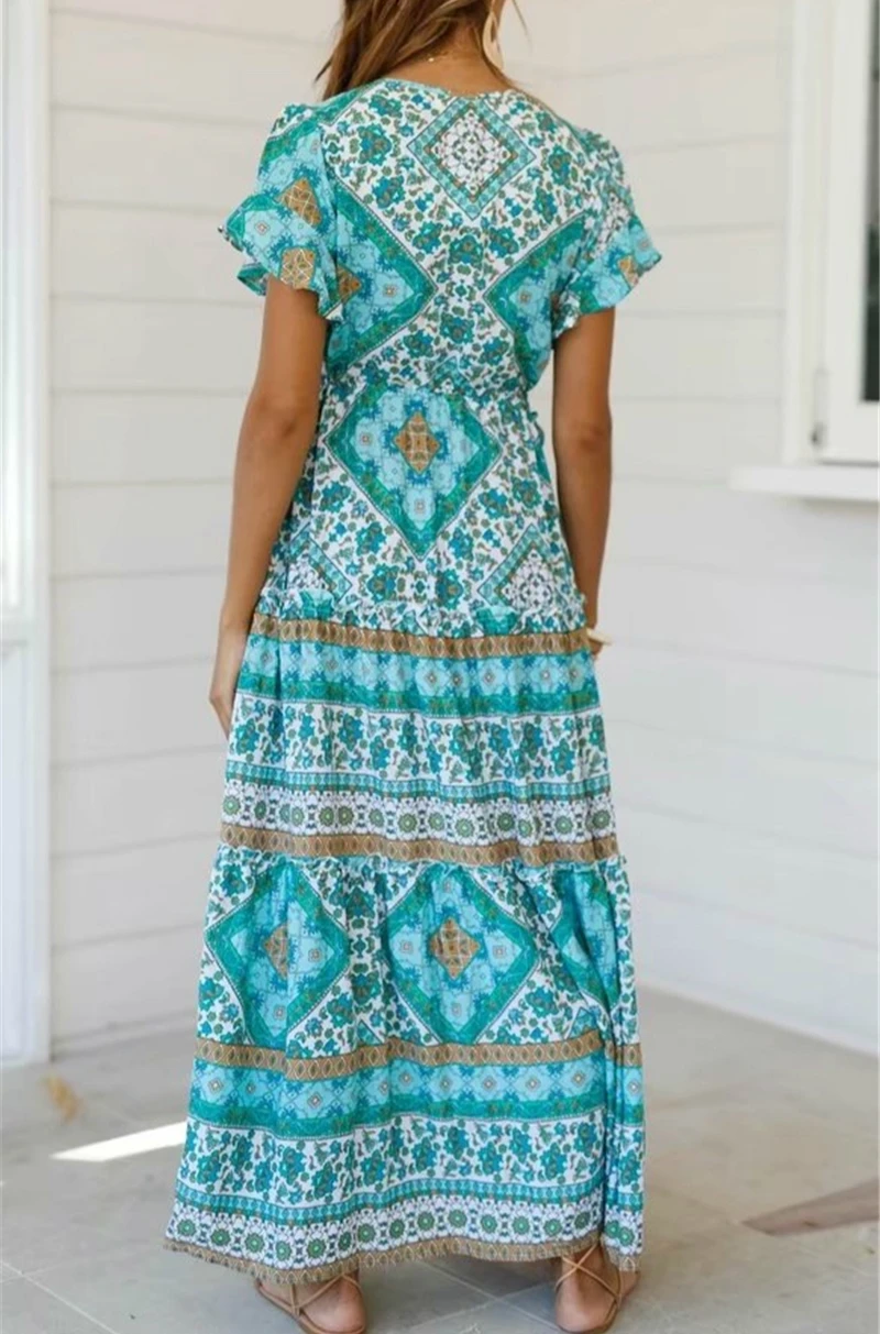 Boho Queens Women Green Floral Print Beach Bohemian Rayon Maxi Dresses Ladies V Neck Button Pleated Happie Dress Vestidos | Женская