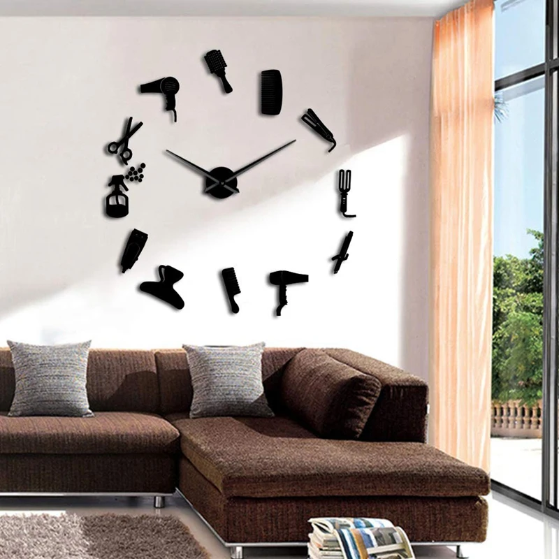 2 Pcs Diy Barber Shop Giant Wall Clock with Mirror Effect Toolkits Decorative Frameless Watch Hairdresser Wa | Дом и сад