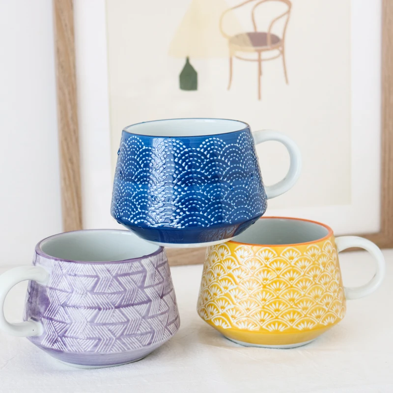 

U.S. ceramic geometric sector carving solid texture large capacity big belly mug / water cup