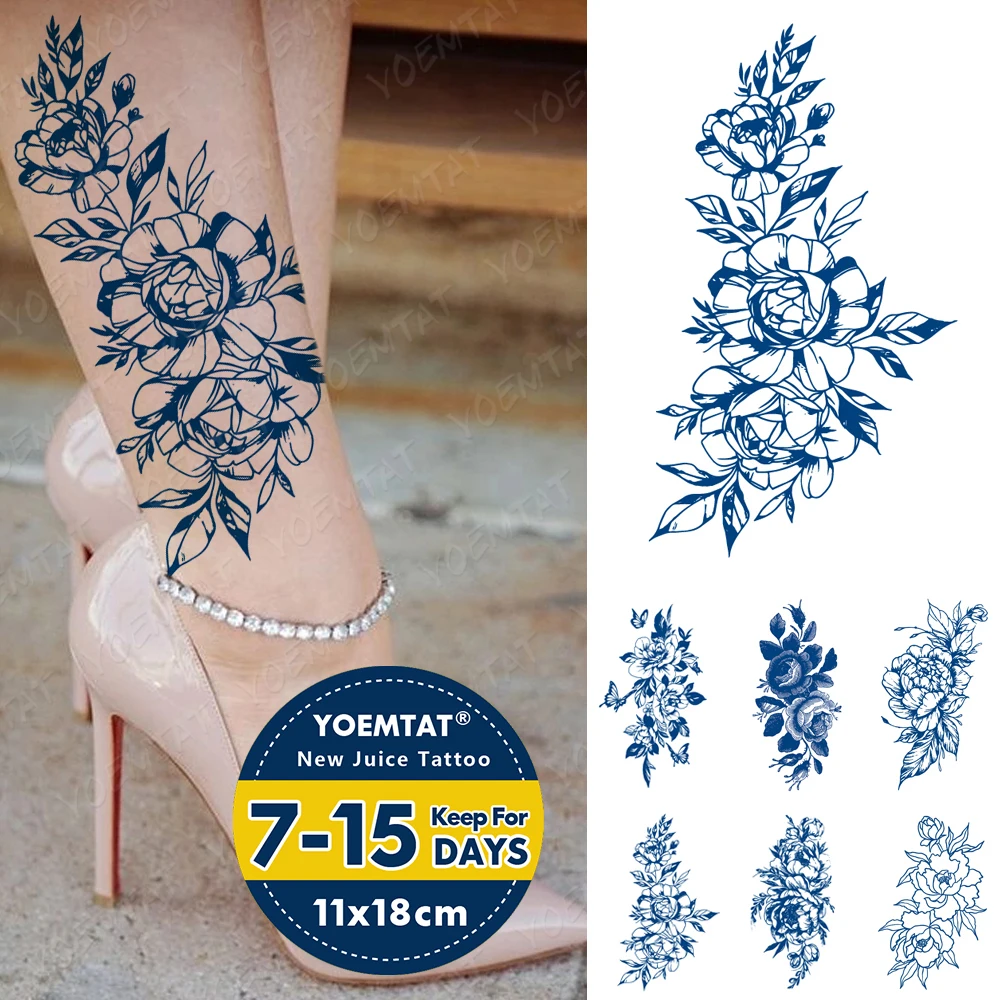 

Juice Extract Lasting Waterproof Temporary Tattoo Sticker Peony Flower Flash Tattoos Female Blue Ink Arm Body Art Fake Tatto Men