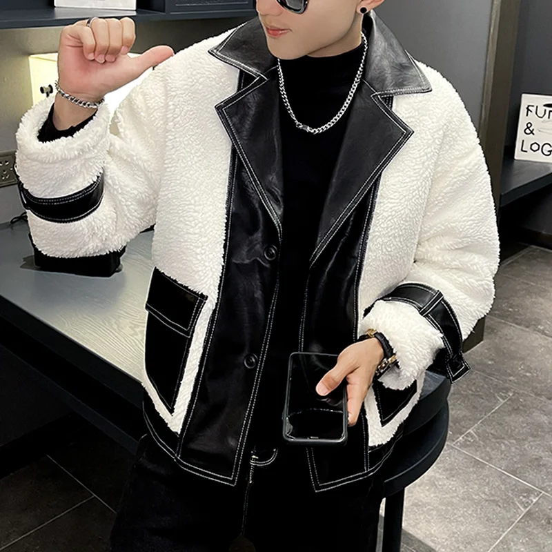 Winter Korean Lambswool Men's Jackets Locomotive Lapel Thicken Warm Parkas Casual Short Streetwear Social Overcoat Male Clothing