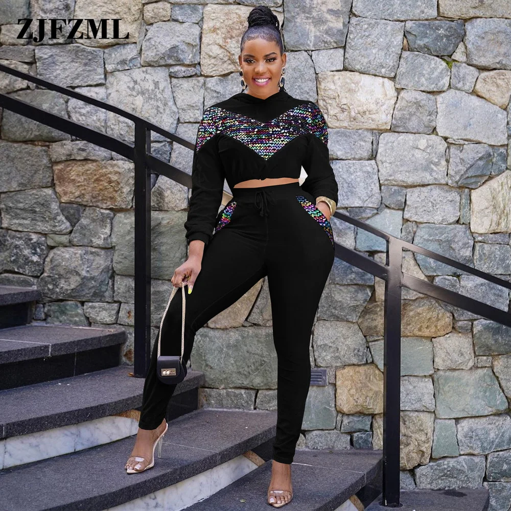 

Hipster Shiny Sequin Stitching Two Piece Set Women Tracksuit Long Sleeve Hooded Crop Hoodies and Drawstring Skinny Leggings
