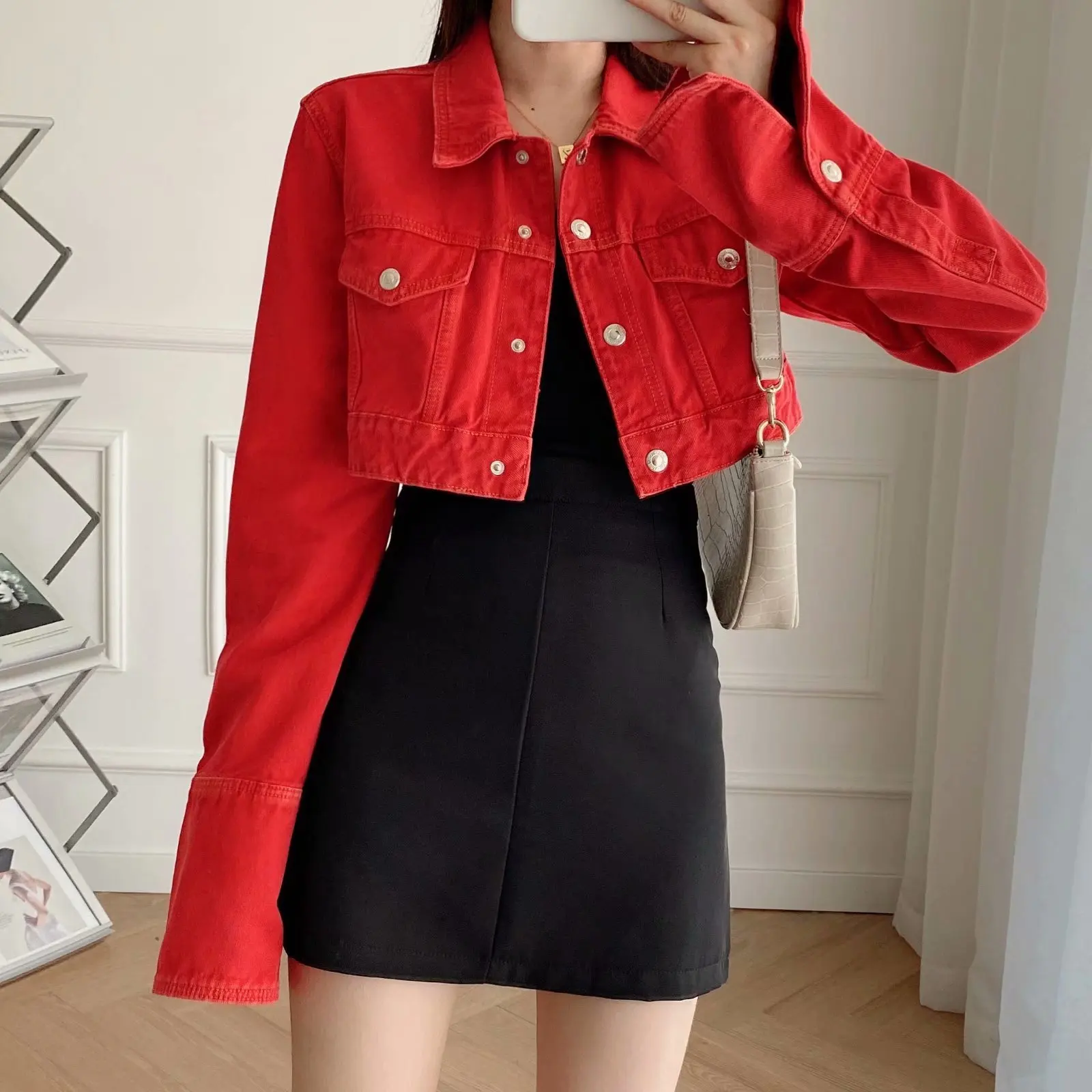 

JUNWU Autumn Women's Red Lapel Single-Breasted Denim Jacket Pocket Button Long-Sleeved Short Denim Jacket Za Casual High Street