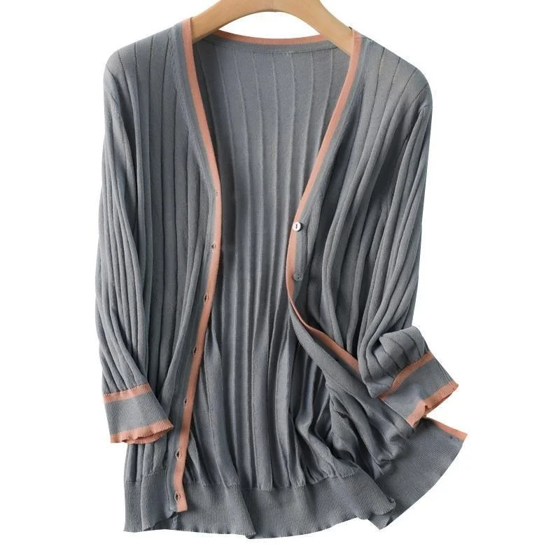 

Fashion Casual V-neck Ice Silk Women's Knit Cardigan Sweater Women Solid Color Long Sleeve Versatile Cardigans Sweaters X297