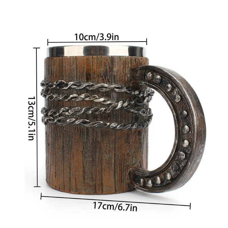 

Creative Horseshoe Coil Handle Beer Mug Double Layer Stainless Steel Drinking Cup Retro Resin Chain Coffee Drinkware
