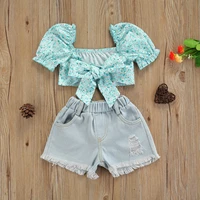 2pcs girls clothes outfit floral print puff short sleeve knotted crop tops tassel ripped denim shorts kids summer clothing
