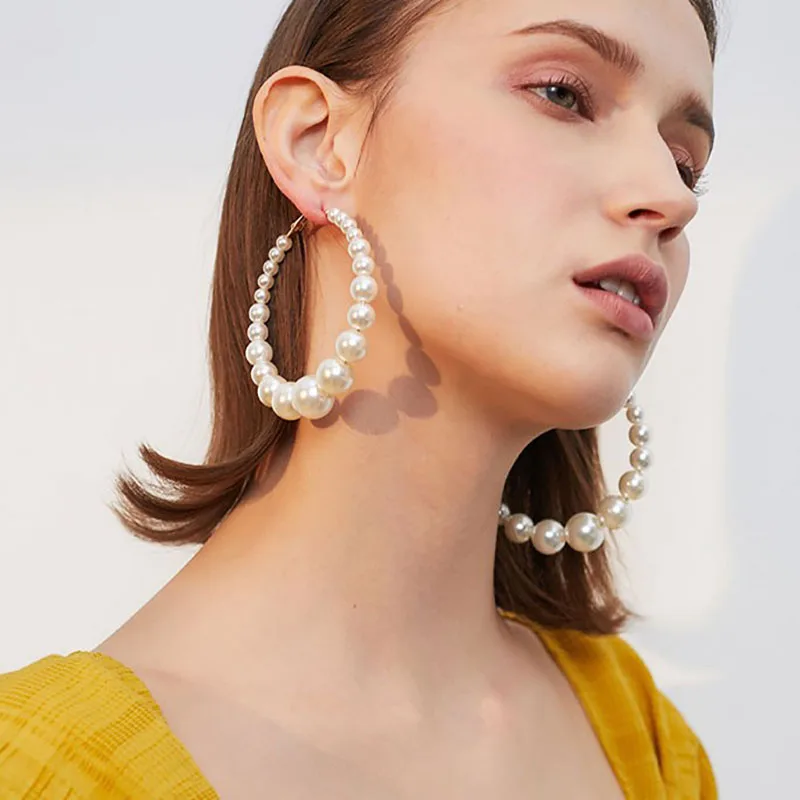 

Elegant Big Pearl Hoop Earrings for Women Large Gold Circle Round Dangle Earrings Luxury Statement Wedding Jewelry Pendientes