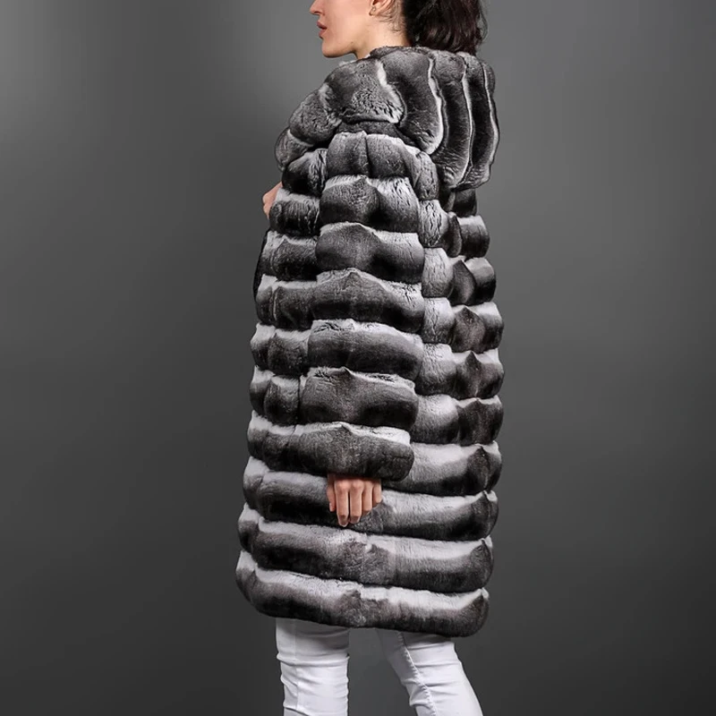 Winter Fashion Long Fur Coat With Hood Warm Overcoats Whole Skin Genuine Rex Rabbit Fur Jacket Chinchilla Color Fur Coats Woman