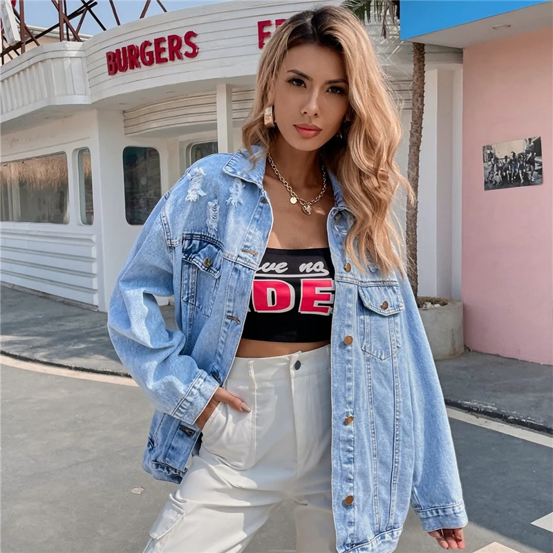 

Women's Denim Jacket New Arrival Solid Lapel Long Sleeve Casual Blue Jacket Outwear Autumn Spring Loose Jeans Coats Female