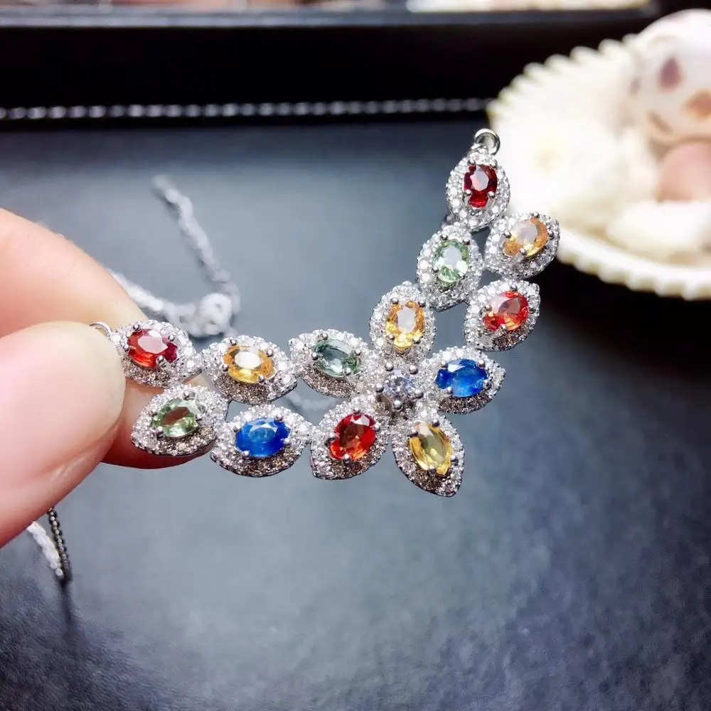 Натуральный Многоцветный Сапфир ожерелье кулон S925 серебро натуральный